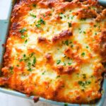 Close up of Baked Ziti for two - A cheesy baked pasta with spicy marinara sauce and layers of mozzarella and ricotta.