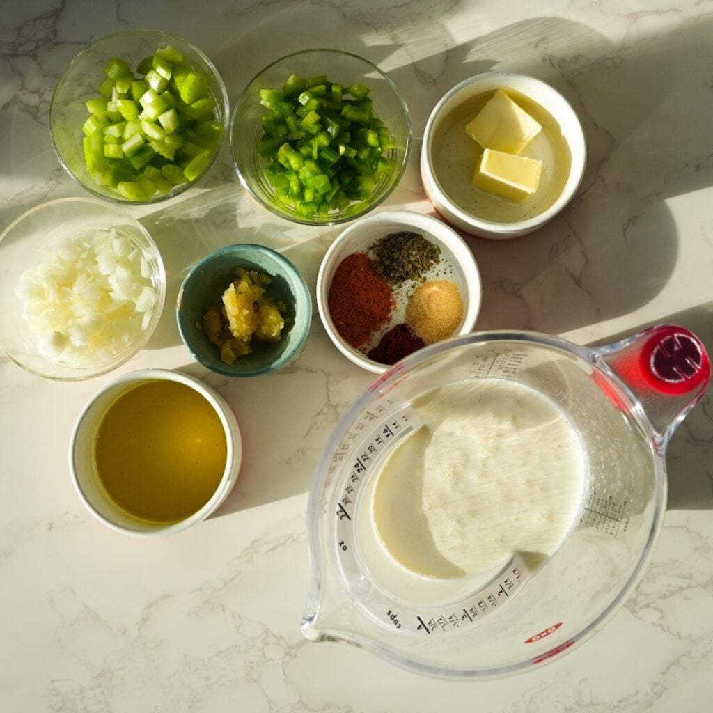 Heavy cream, butter, seasonings, garlic minced, diced onions, bell peppers, celery, olive oil.