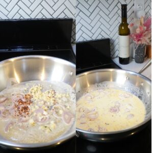 Shallots, red pepper flakes, garlic and cream in a pan.