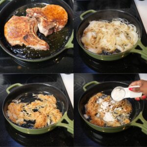 Pork chops and onions cooking in a cast iron pan.