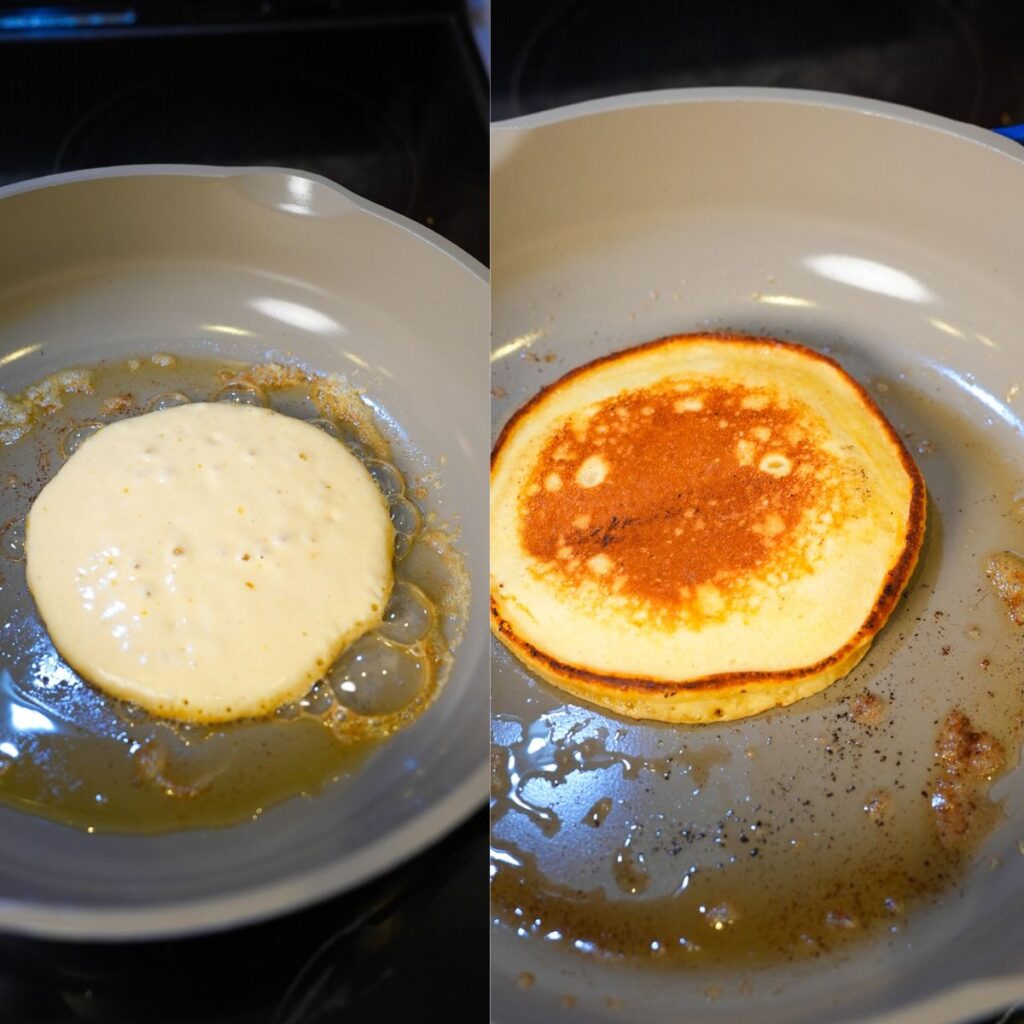 Lemon ricotta pancakes in a pan.