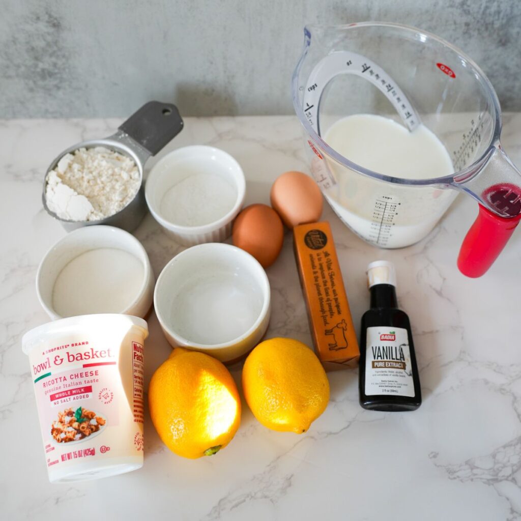 Ingredients for lemon ricotta pancakes.