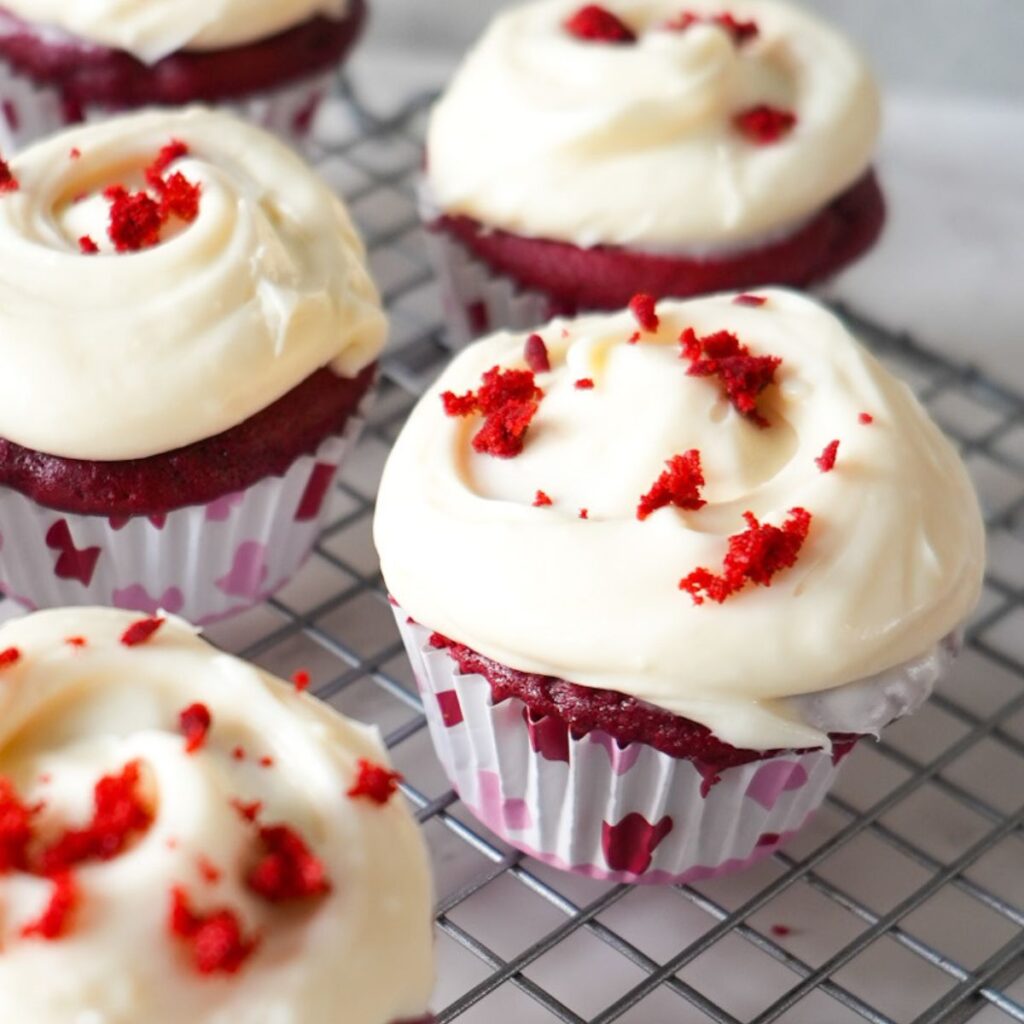 Moist red velvet cupcakes with cream cheese frosting.