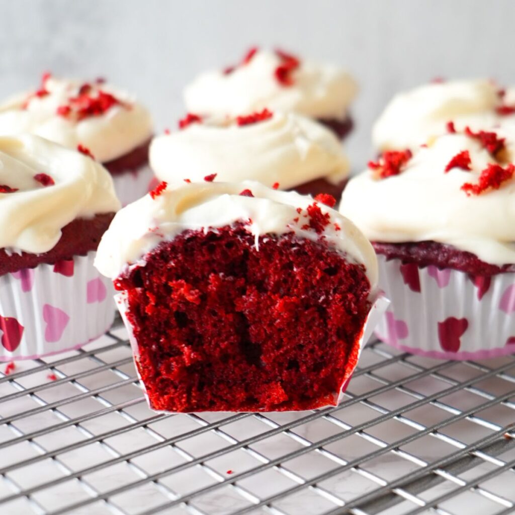 Inside of a red velvet cupcake.