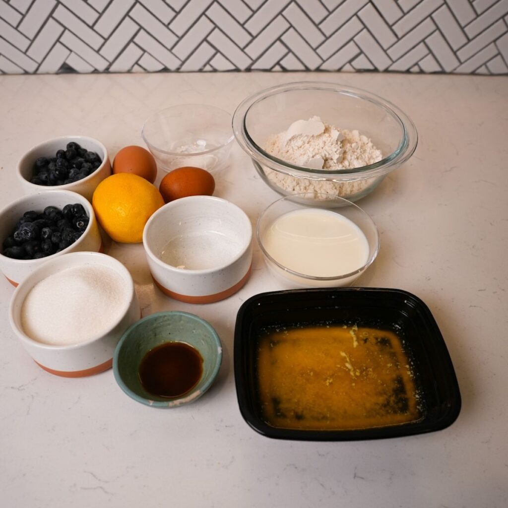 Ingredients for lemon blueberry bread