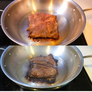 Skirt steak cooking.