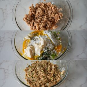 Ingredients for salmon croquettes in a mixing bowl being mixed.