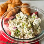 Close up of dill chicken salad in a bowl.