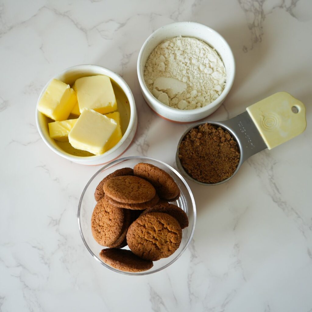 Butter, flour, brown sugar and ginger snaps.