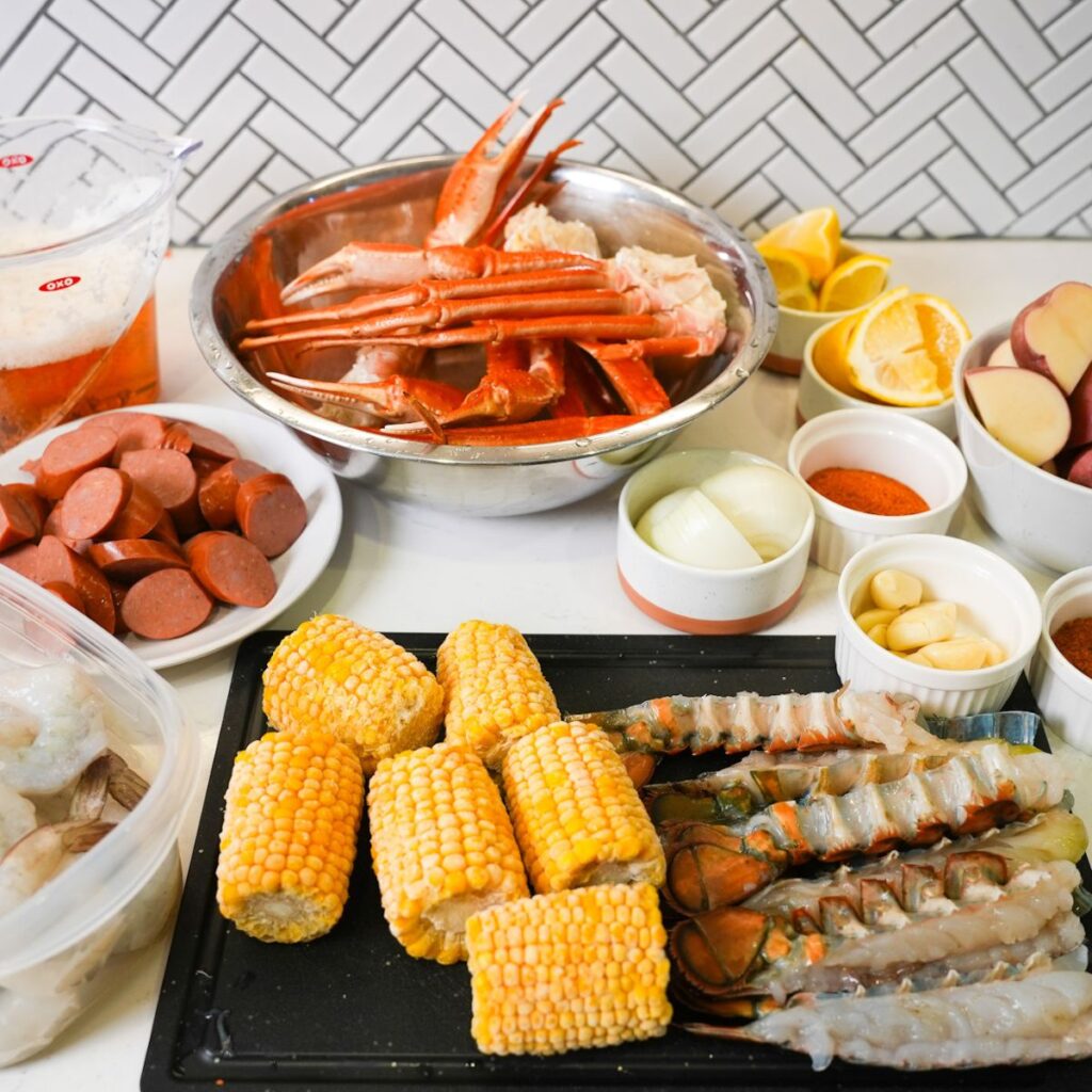 Ingredients for cajun seafood boil.