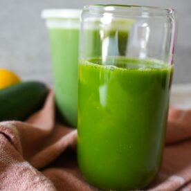 Freshly pressed green juice in a glass.
