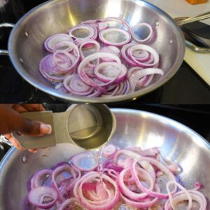 Onions frying in a pan with vinegar.