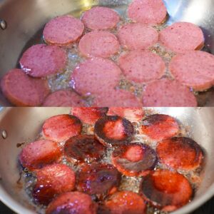 Salami frying in a pan.