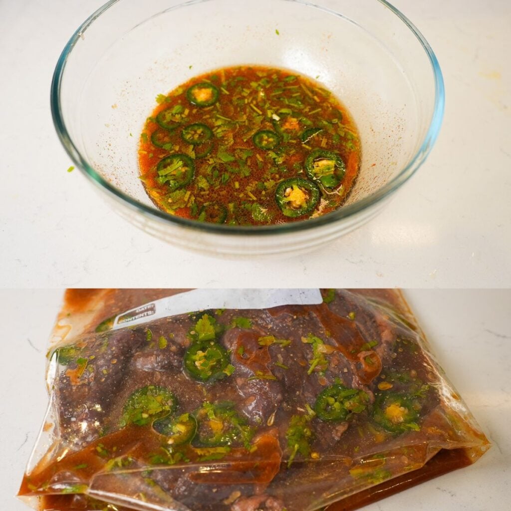 Fajita marinade in a bowl and ziplock with steak.