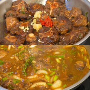 Oxtail being seared in a pan with spices then water added.