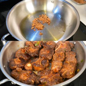 Brown sugar in a pan then oxtail searing in the sugar.