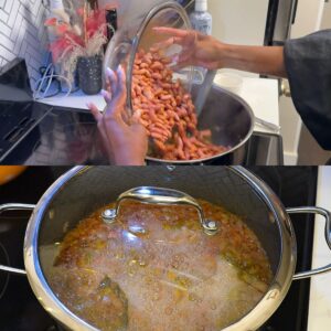 Beans being poured into a pot then simmered.