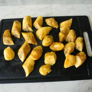Plantains cut up before frying.
