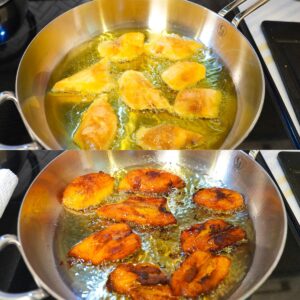 Plantains frying in oil.