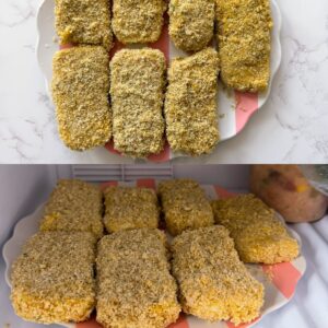 Mozzarella sticks breaded before frying.