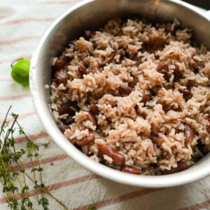 Jamaican rice and peas in a pot.