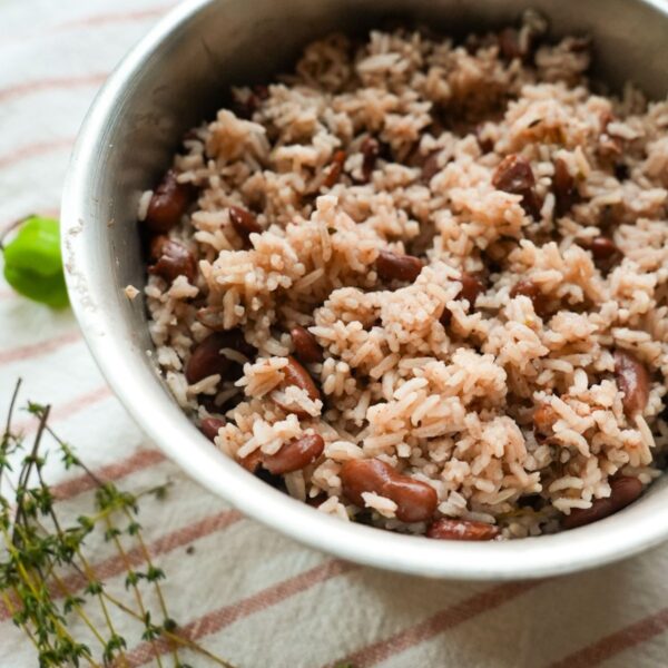 Jamaican rice and peas in a pot.
