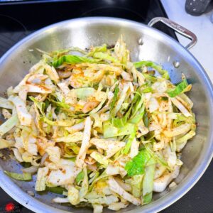 Sliced cabbage in a pan on the stove.