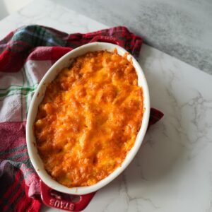 Baked macaroni and cheese in a baking dish.