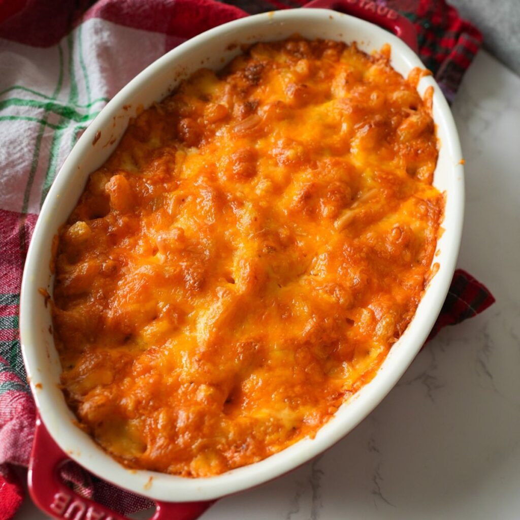 Baked macaroni and cheese in a baking dish.