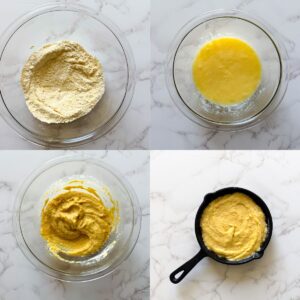 Cornbread being mixed and in a mini skillet.