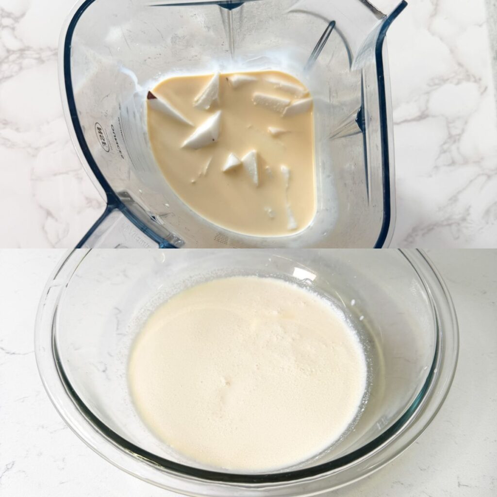 Coconut and evaporated milk in a blender, coconut milk strained in a bowl.