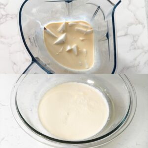 Coconut and evaporated milk in a blender, coconut milk strained in a bowl.