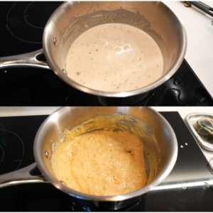 Cheese sauce for scalloped potatoes in a sauce pan.