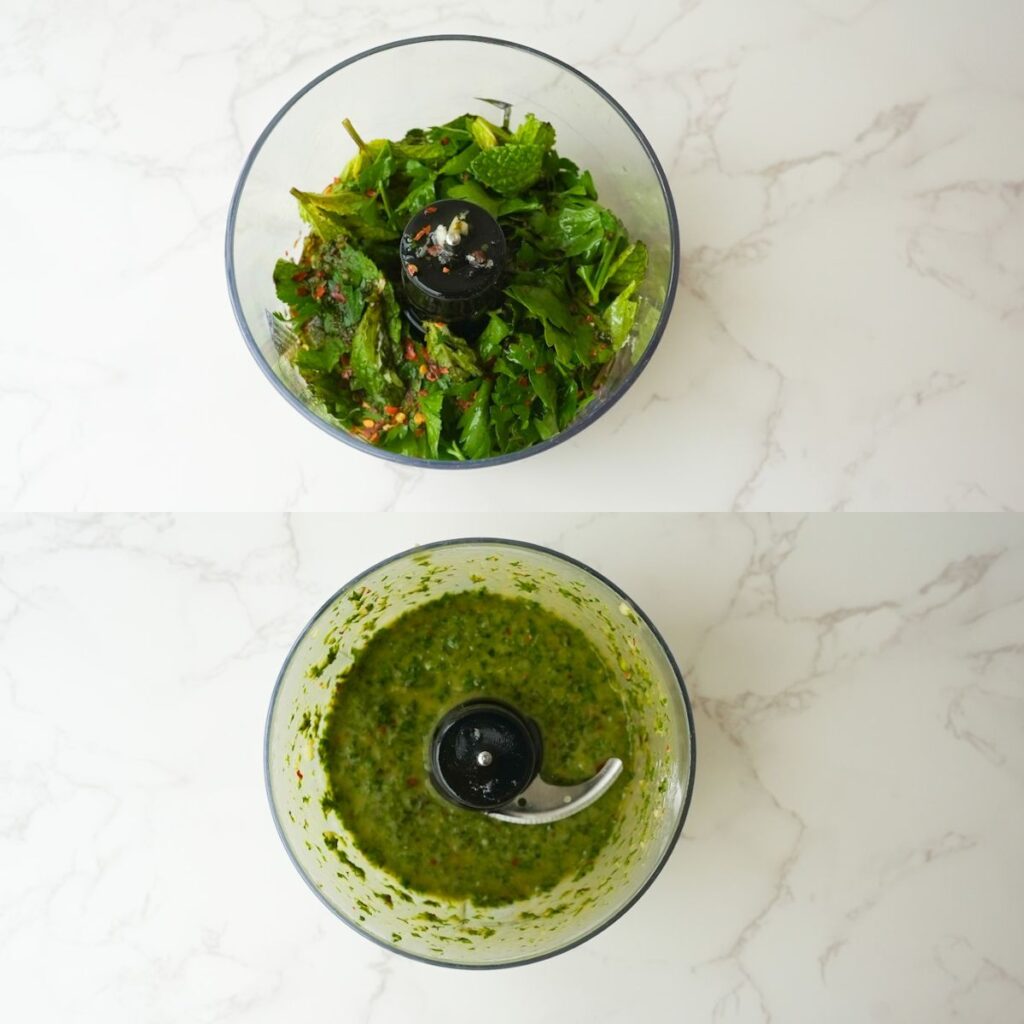 Mint chimichurri blending in a food processor.