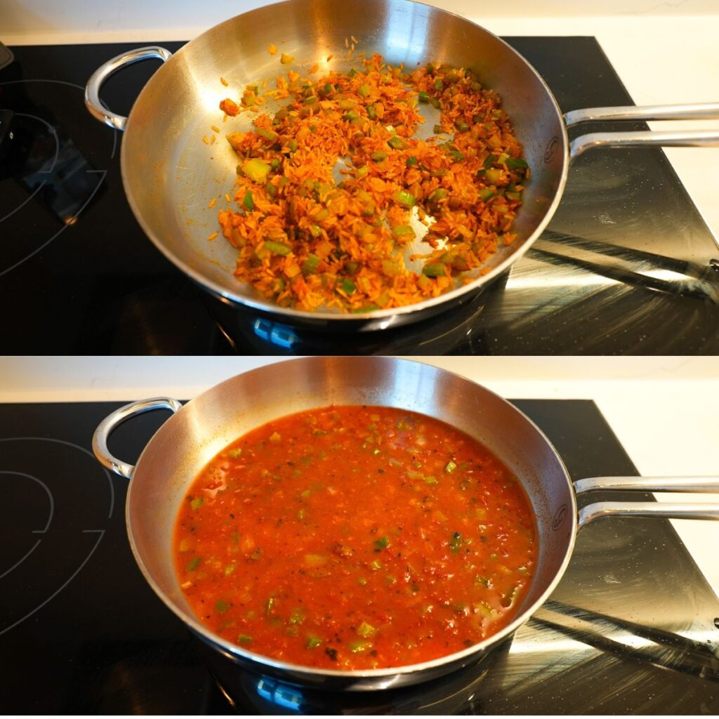 Rice toasting with spiced and crushed tomatoes.
