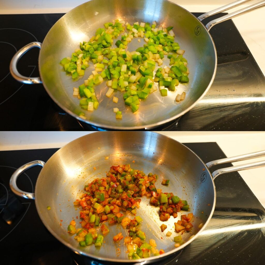 Bell peppers, celery and onion sautéing in a pan with tomato paste.