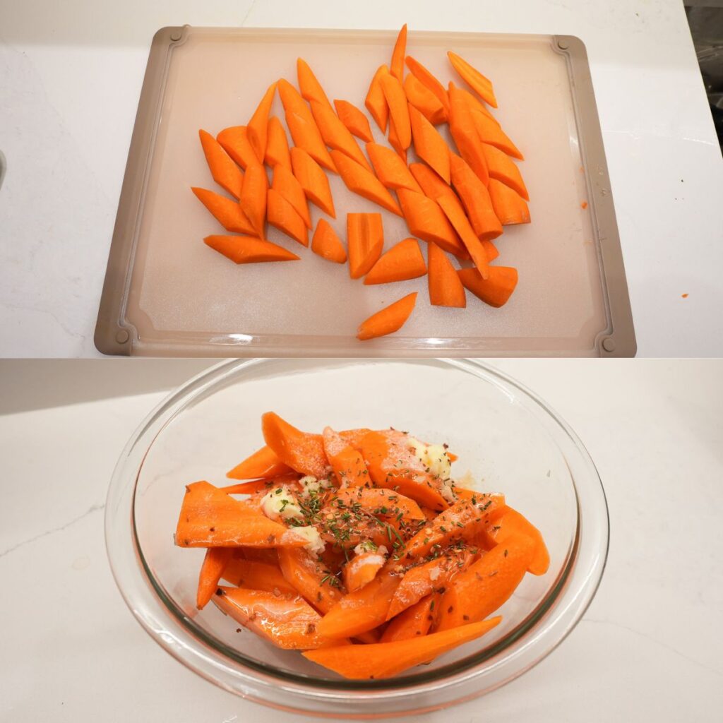 Carrots cut on a cutting board and in a bowl with seasonings.