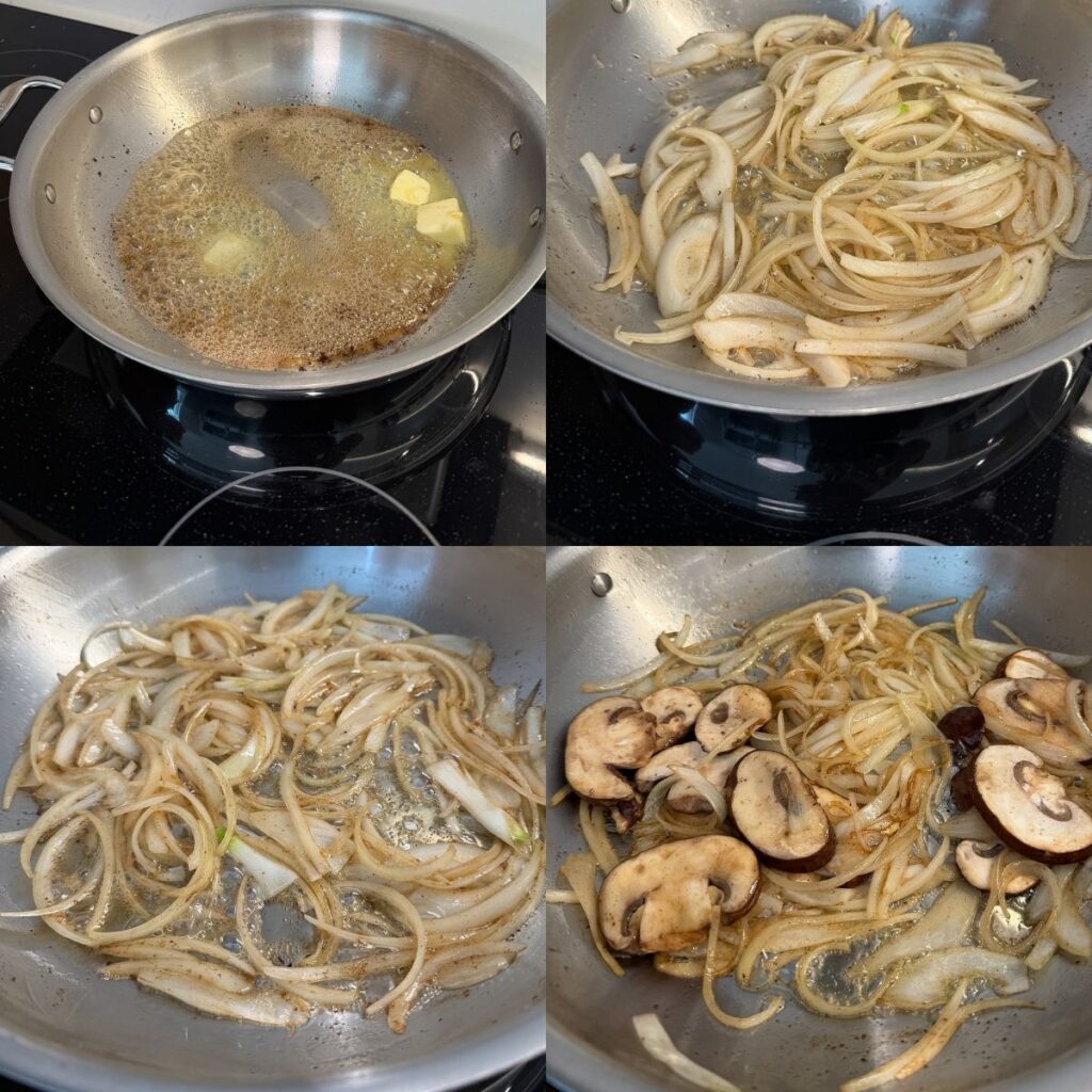 Onions and mushrooms cooking in butter in a pan.
