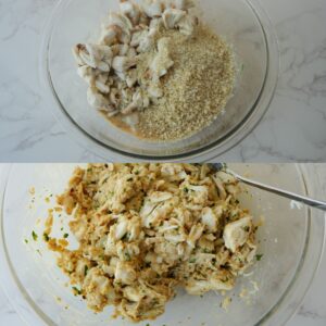 Crab cake filling being mixed in a bowl.