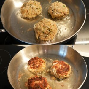 Crab cakes frying in a pan.