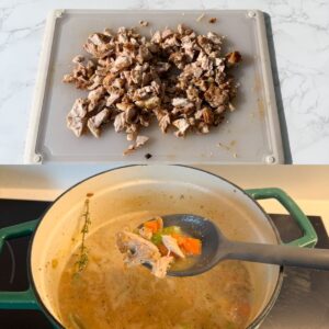 Chicken cut up on a cutting board and chicken on a spoon over a pot.