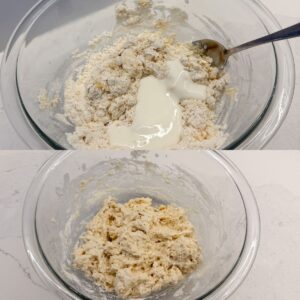 Dumpling dough in a glass bowl.