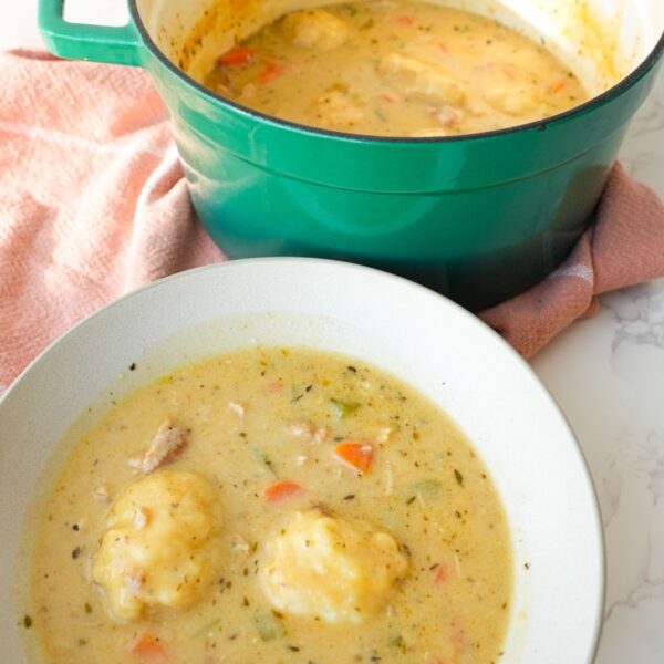Chicken and dumplings in a bowl and pot with tender chicken, carrots, celery, fluffy dumplings, and creamy broth.