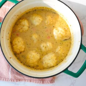 Chicken and dumplings in a dutch oven with tender chicken, carrots, celery, fluffy dumplings, and creamy broth.