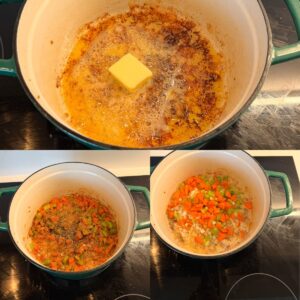 Butter melting in a dutch oven, with vegetables cooking and seasoning.