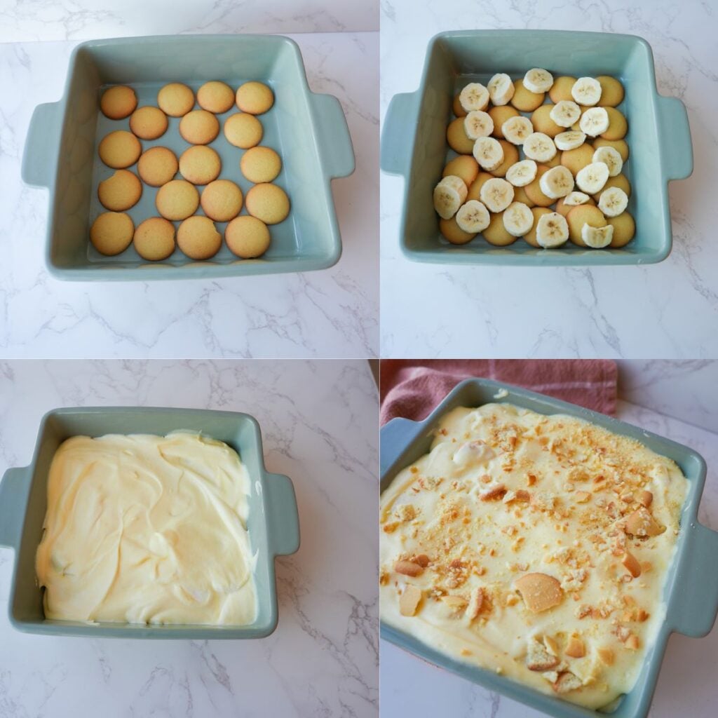 Banana pudding layered in a baking dish.