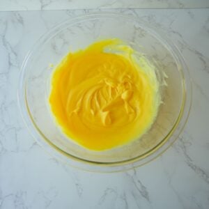 Pudding mixed in a bowl.