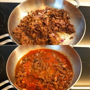 Ground beef in a pan with seasonings, onions, tomato sauce and broth.