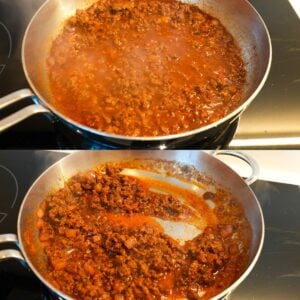 Hot dog chili in a skillet.