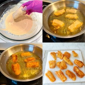 Fish being dipped in batter then fried and drained on paper towels.
